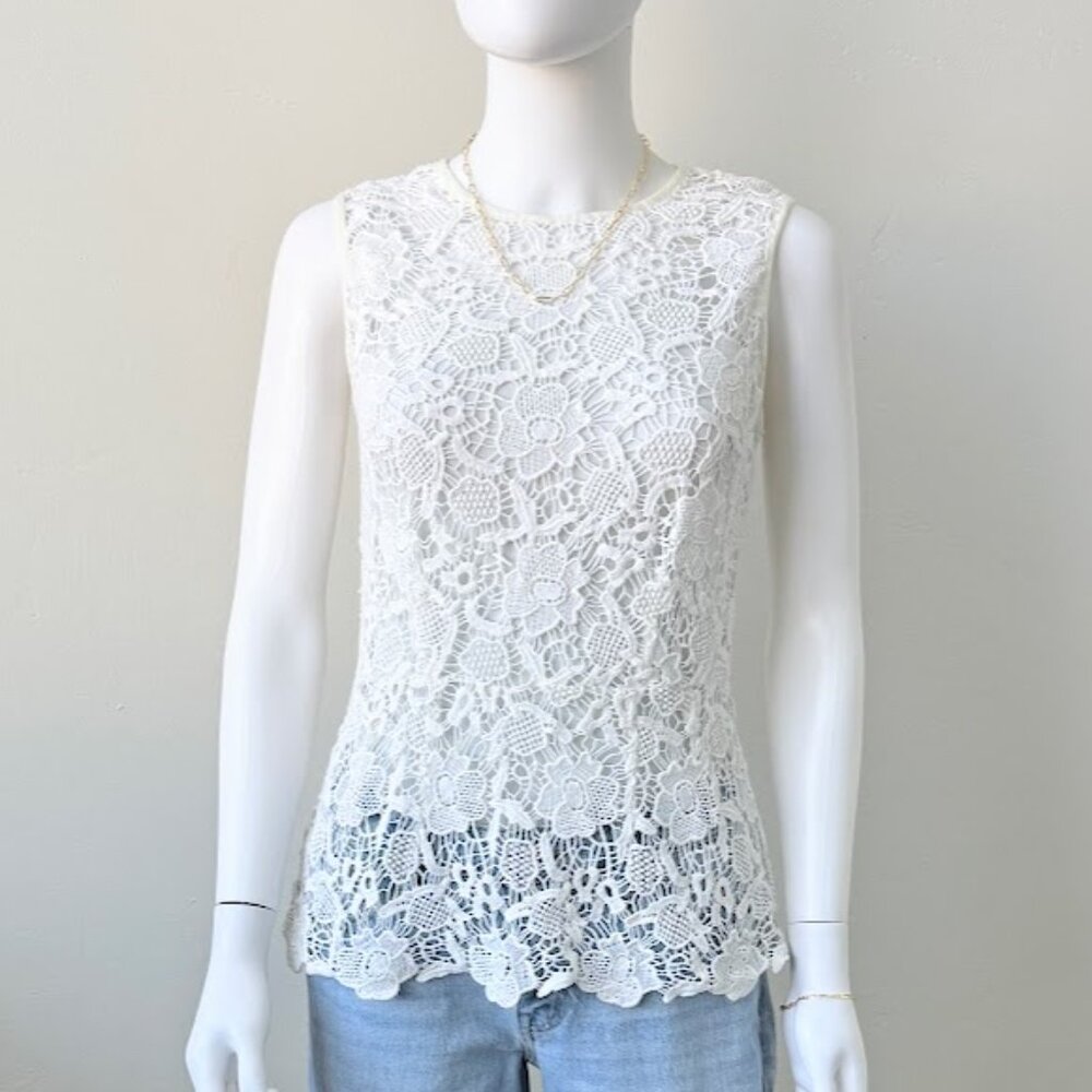 White Lace Tank Top Floral Crochet Sleeveless A Line Small Boho Festival